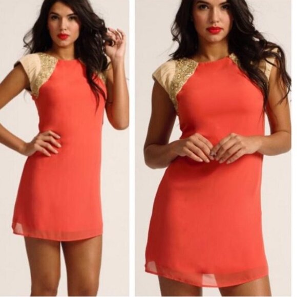 Little Mistress London Dresses & Skirts - Little Mistress London Mini Dress Size 2 Coral/Gold